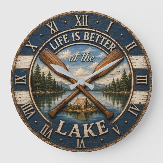 Life Is Better at the Mountain Lake Cabin ラージ壁時計 (正面)