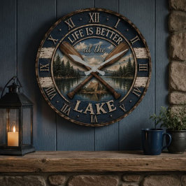 Life Is Better at the Mountain Lake Cabin ラージ壁時計