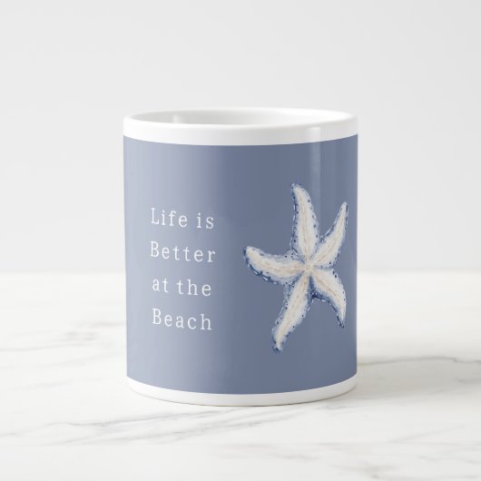 Life is Better Beach Blue White Starfish ジャンボコーヒーマグカップ (正面)