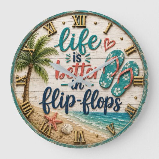 Life Is Better in Flip Flops Beach ラージ壁時計 (正面)