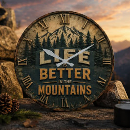 Life Is Better in the Mountains Hiking Camping ラージ壁時計