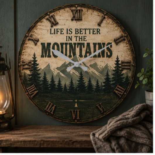Life Is Better in the Mountains Mountain Forest ラージ壁時計