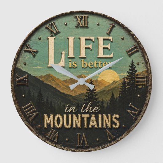 Life Is Better in the Mountains Rustic ラージ壁時計 (正面)