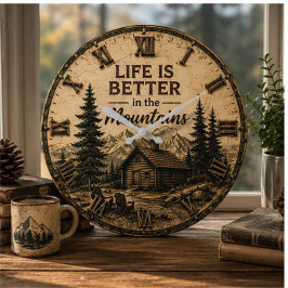 Life Is Better in the Mountains Rustic Cabin ラージ壁時計