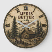 Life Is Better in the Mountains Rustic Cabin ラージ壁時計 (正面)