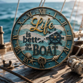 Life Is Better on the Boat Nautical Coastal Beach ラージ壁時計