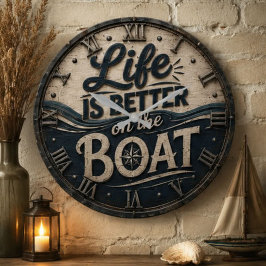 Life Is Better on the Boat Nautical Coastal Beach ラージ壁時計