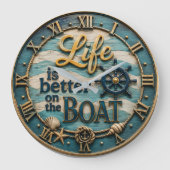 Life Is Better on the Boat Nautical Coastal Beach ラージ壁時計 (正面)