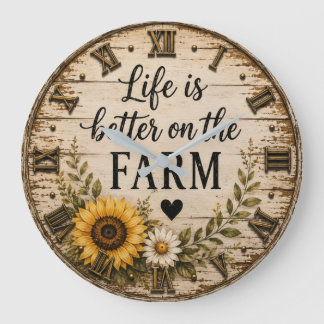 Life Is Better on the Farm Rustic Sunflower  ラージ壁時計