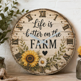 Life Is Better on the Farm Rustic Sunflower ラージ壁時計