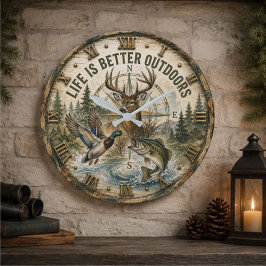 Life Is Better Outdoors Hunting Fishing Wildlife ラージ壁時計