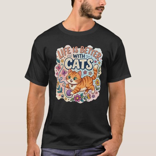  Life is Better With Cats Watercolor Illustration Tシャツ (正面)