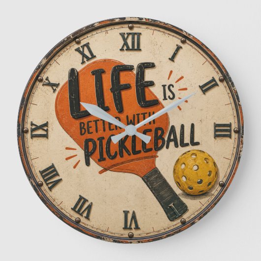 Life Is Better With Pickleball Paddle ラージ壁時計 (正面)