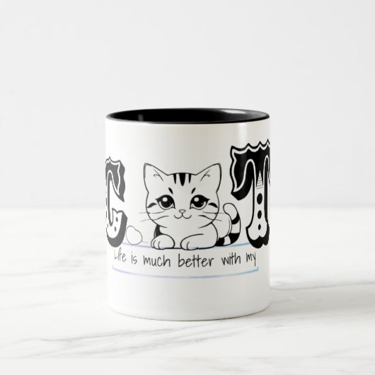 "Life Is Much Better With My Cat – Cute Cat Design ツートーンマグカップ (中央)