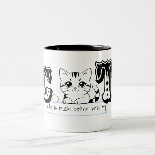 "Life Is Much Better With My Cat – Cute Cat Design ツートーンマグカップ (中央)