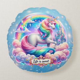 Life Is Sweet Unicorn Rainbow Castle Pillow Gift ラウンドクッション