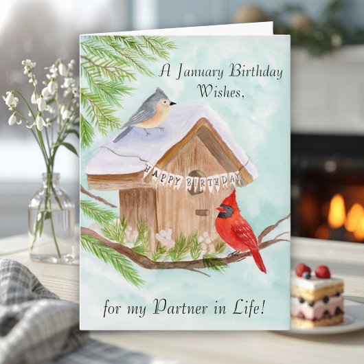 Life Partner Happy January Birthday Birds カード