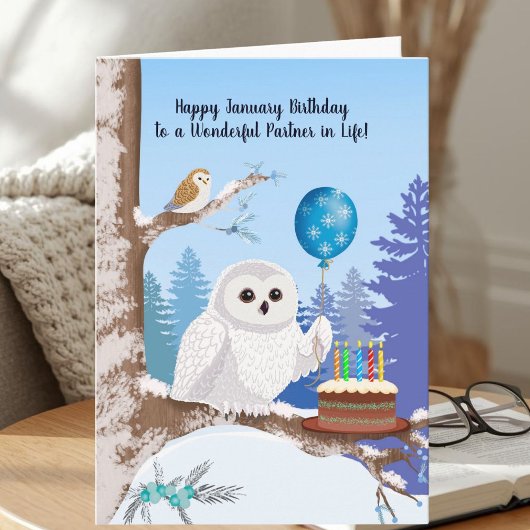 Life Partner Happy January Birthday Snowy Owl カード