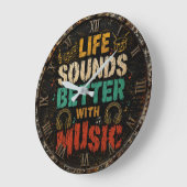 Life Sounds Better with Music Vintage Rustic ラージ壁時計 (傾斜)