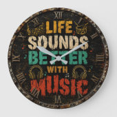 Life Sounds Better with Music Vintage Rustic ラージ壁時計 (正面)