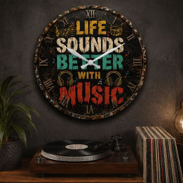 Life Sounds Better with Music Vintage Rustic ラージ壁時計