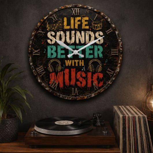 Life Sounds Better with Music Vintage Rustic ラージ壁時計