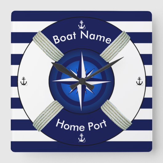 Lifebuoyの~Lifeリングの~Livesaverの~Navy青及びWhite~ スクエア壁時計 (正面)