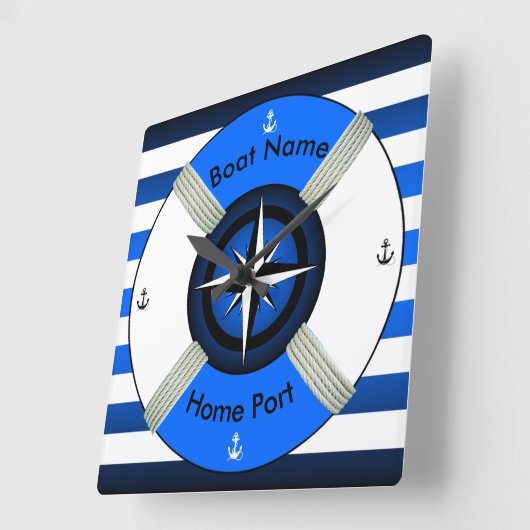 Lifebuoyの~Lifeリングの~Livesaver~Ocean青及びWhite~ スクエア壁時計 (傾斜)