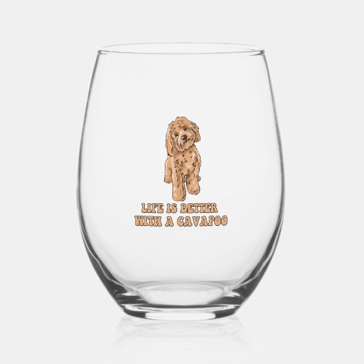 Lifeis Better With A Cavapoo -おもしろい犬恋人1 ステムなしワイングラス (正面)