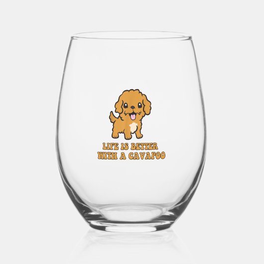 Lifeis Better With A Cavapoo -おもしろい犬恋人 ステムなしワイングラス (正面)