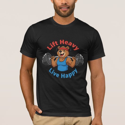 Lift Heavy Live Happy - 筋トレ大好きクマのジムモチベ Tシャツ (正面)