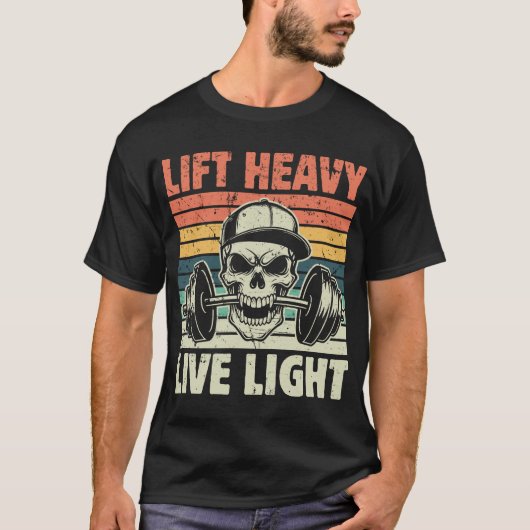 Lift Heavy Live Light Retro Gym Skull Tシャツ (正面)