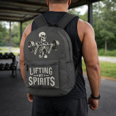 Lifting My Spirits Bodybuilding Skeleton Funny Gym プリントバックパック