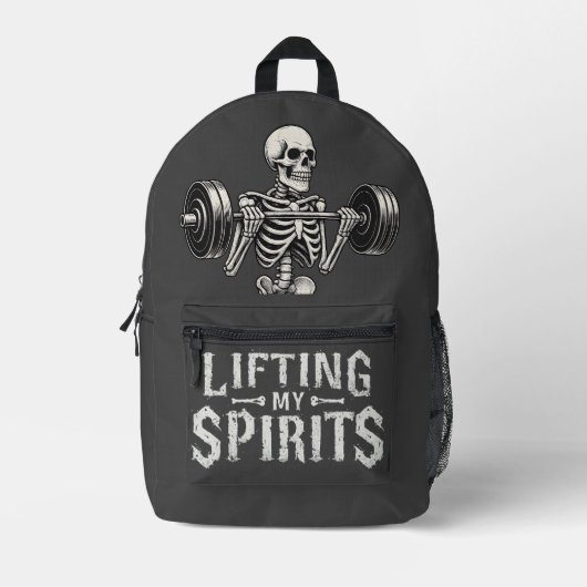 Lifting My Spirits Bodybuilding Skeleton Funny Gym プリントバックパック (正面)