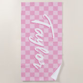 Light and Pale Pink Checkerboard Bold Name ビーチタオル (正面)
