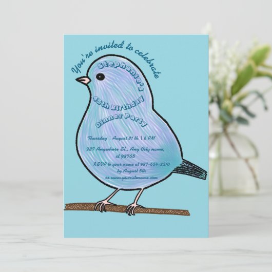 Light Azure 45th Birthday Cute Bird Dinner Party 招待状 (スタンド正面)