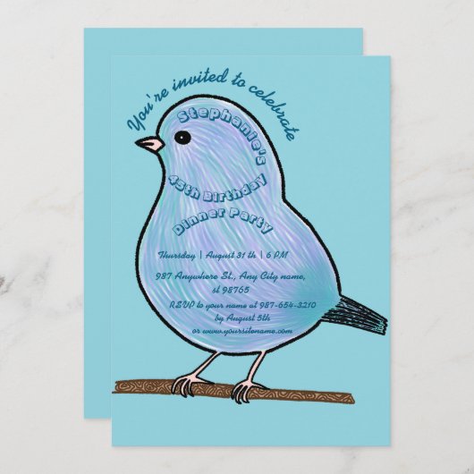 Light Azure 45th Birthday Cute Bird Dinner Party 招待状 (正面/裏面)