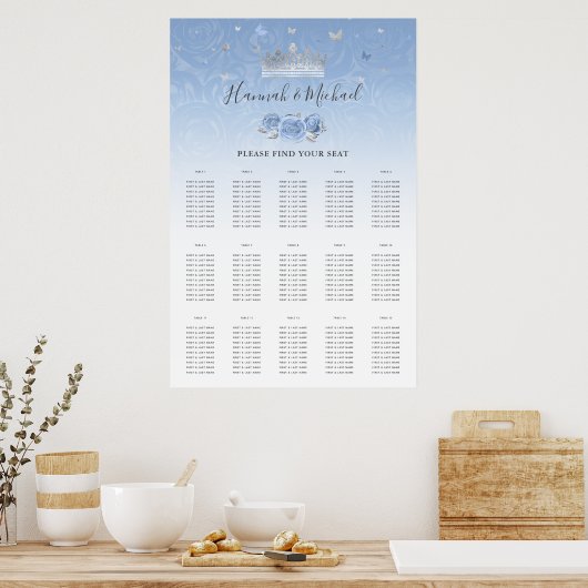 Light Baby Blue Silver Crown Floral Seating Charts ポスター (キッチン)