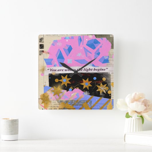 Light Begins Gem Clock – Square Pink & Gold Art スクエア壁時計 (ホーム)