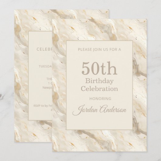 Light Beige Marble 50th Birthday 招待状 (正面/裏面)