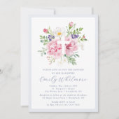Light Blue and Pink Floral Cross Baptism 招待状 (正面)