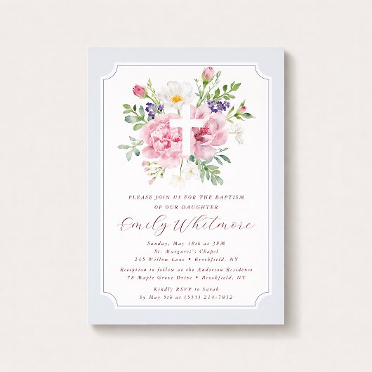 Light Blue and Pink Watercolor Floral Baptism 招待状