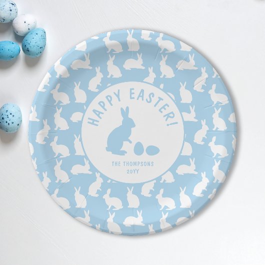 Light Blue And White Bunny Pattern Happy Easter ペーパープレート