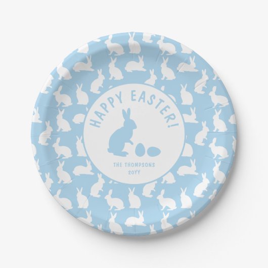 Light Blue And White Bunny Pattern Happy Easter ペーパープレート (正面)
