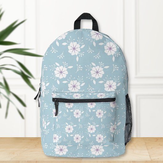 Light Blue Backpack with Classic Floral Print プリントバックパック