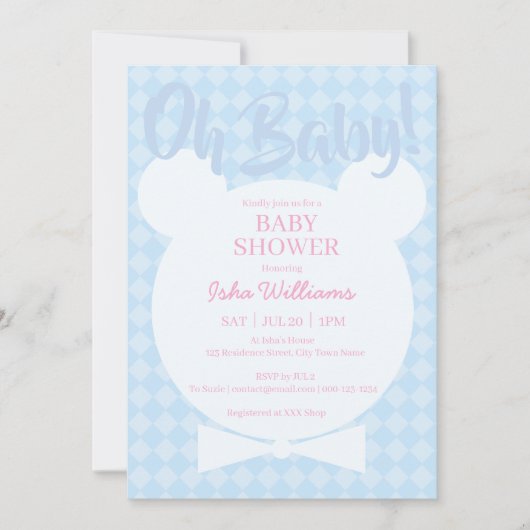 Light Blue Bear bow tied Oh Baby Shower Invitation 招待状 (正面)