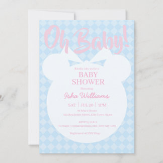 Light Blue Bear Pink Oh Baby Shower Invitation 招待状