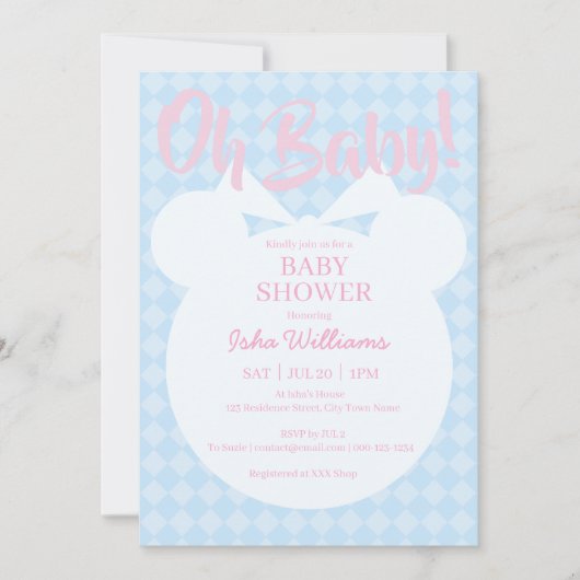Light Blue Bear Pink Oh Baby Shower Invitation 招待状 (正面)