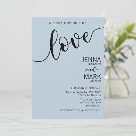 Light Blue Black Love Script Minimalist Wedding 招待状 (スタンド正面)