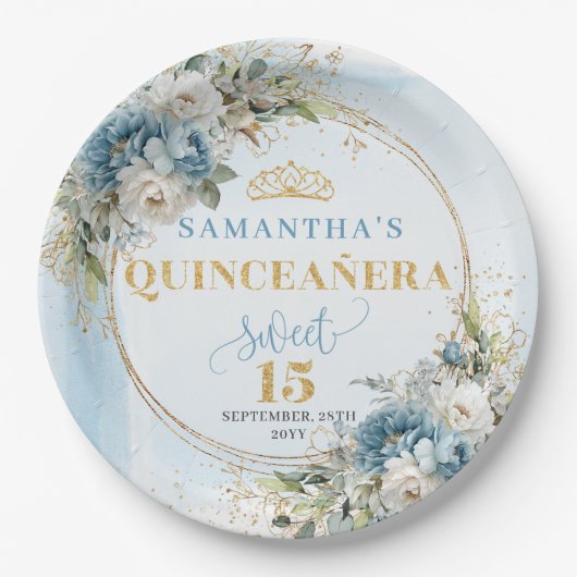 Light Blue Boho Floral Eucalyptus Gold Glitter  ペーパープレート (正面)